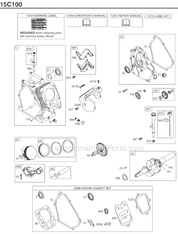 Page A Diagram and Parts List for 15C100SERIES 0111-0939 Briggs and Stratton Engine